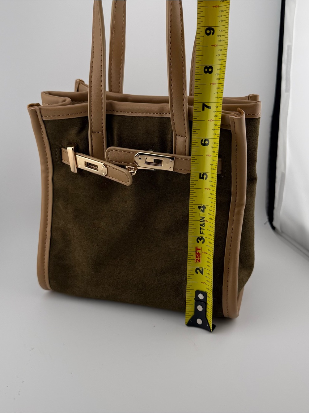 NWT Remi and Reid Green/Tan Faux Suede and Faux Leather Mini Tote and Crossbody - Picture 8 of 16